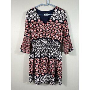 Eliza J Dress‎ Womens 10P Blue Pink Floral Smocked Waist Bell Sleeves